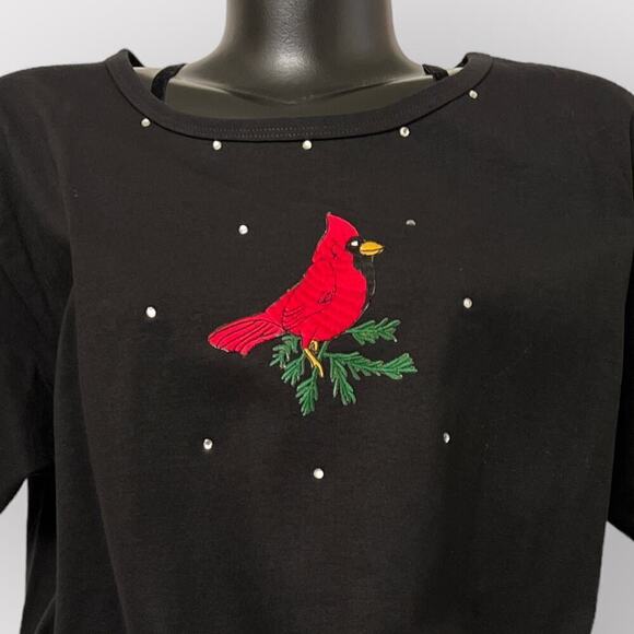 American VTG Christmas Cardinals T-Shirt sz L Womens Casual Tee Bird Bling Black - Picture 4 of 9